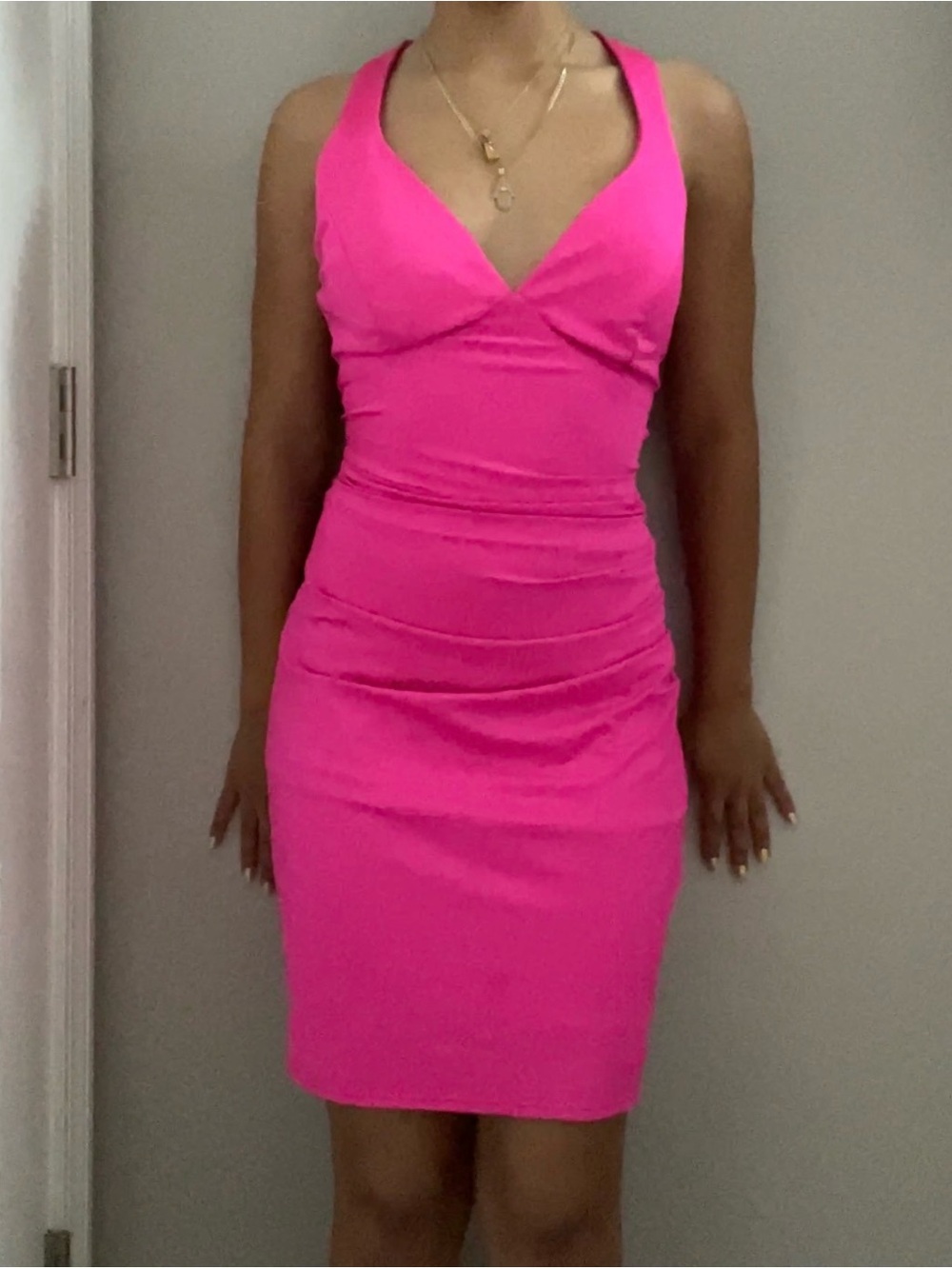 V-Neck Hot Pink Midi Bodycon Dress
